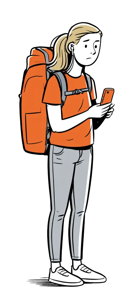 A blonde traveller with a large backpack checking her phone, looking a little lost.