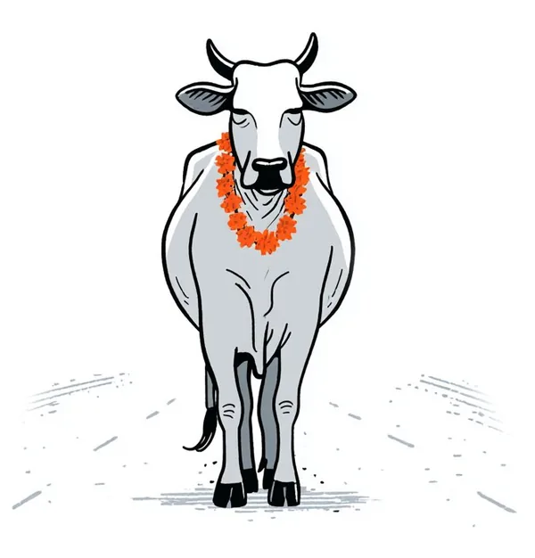 A cow with a garland around its neck, looking utterly calm.