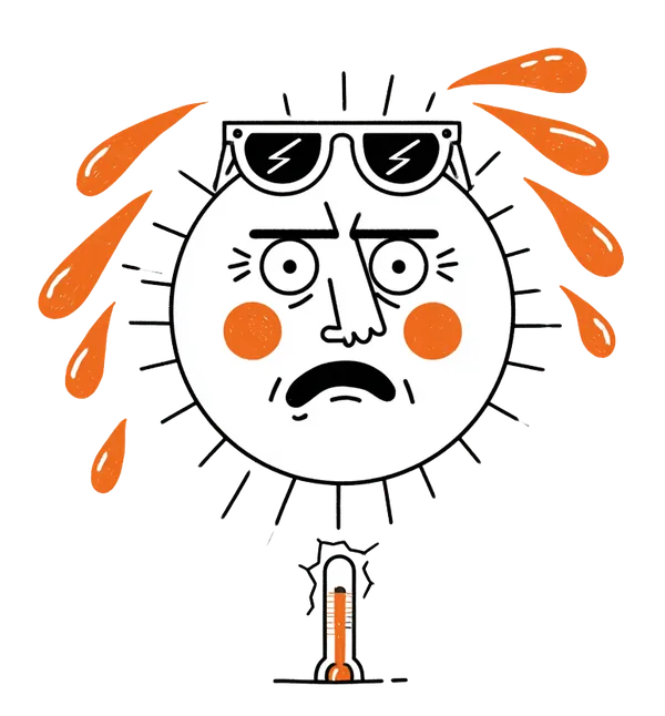 An angry sun wearing sunglasses, sweating and glaring at a thermometer whose mercury is rising fast.