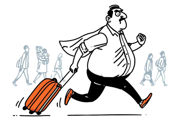 A potbellied uncle sprinting through the terminal dragging a wheeled suitcase, other travellers ambling behind.