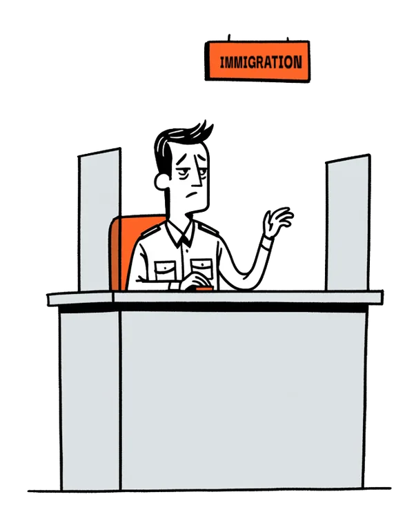 A drowsy immigration officer slumped at his counter, half-waving a passenger forward.