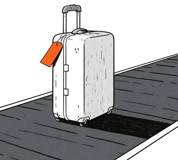 A single lonely suitcase riding an otherwise empty baggage carousel.