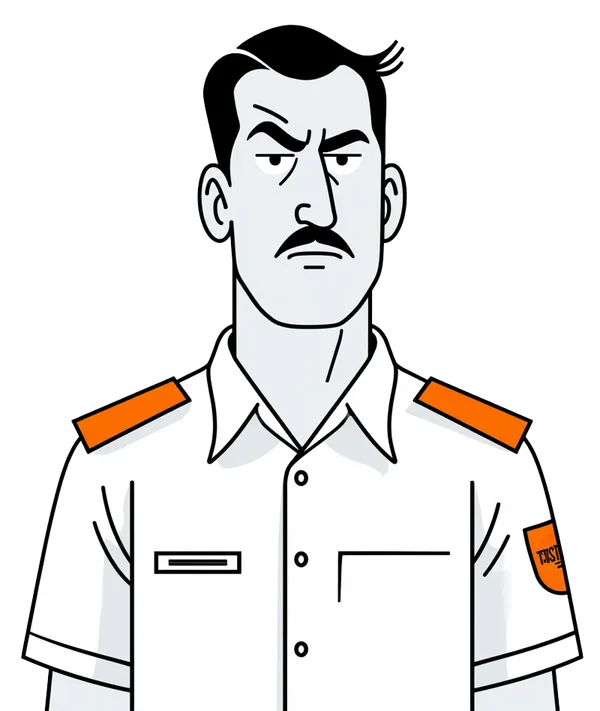 A stern customs officer in uniform, one eyebrow raised in suspicion.