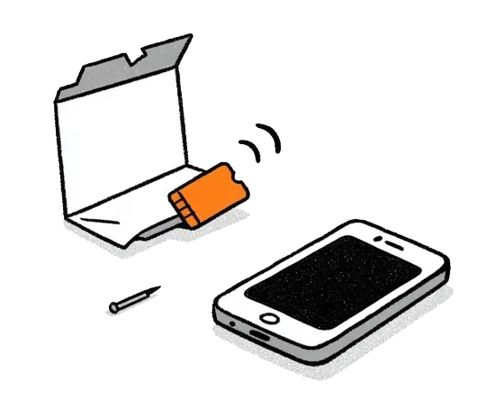 A torn SIM-card envelope with a nano-SIM half out, a passport and an ejector pin beside it.