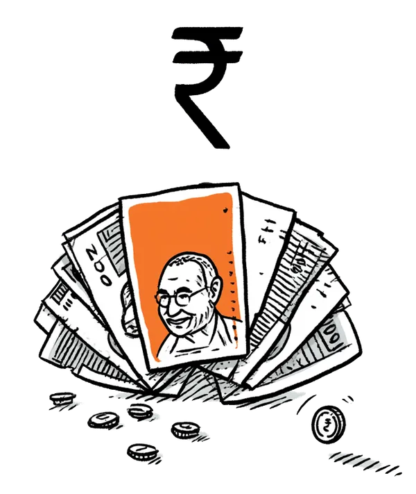 A fan of Indian rupee notes spread like a hand of cards, with a large rupee symbol above and loose coins below.