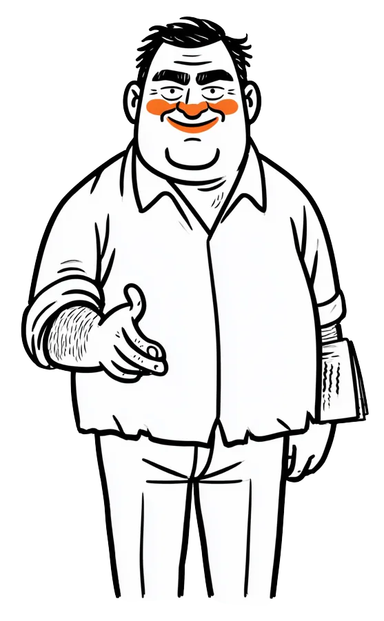 A smiling but shifty tout reaching out to beckon the viewer, a hidden cardboard sign behind his back.