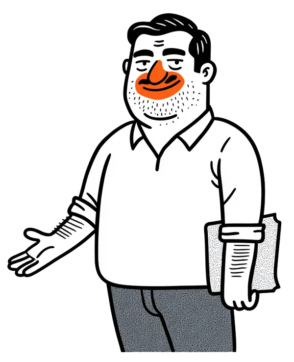 A shifty-looking tout mid-pitch, smiling but with darting, sideways eyes.