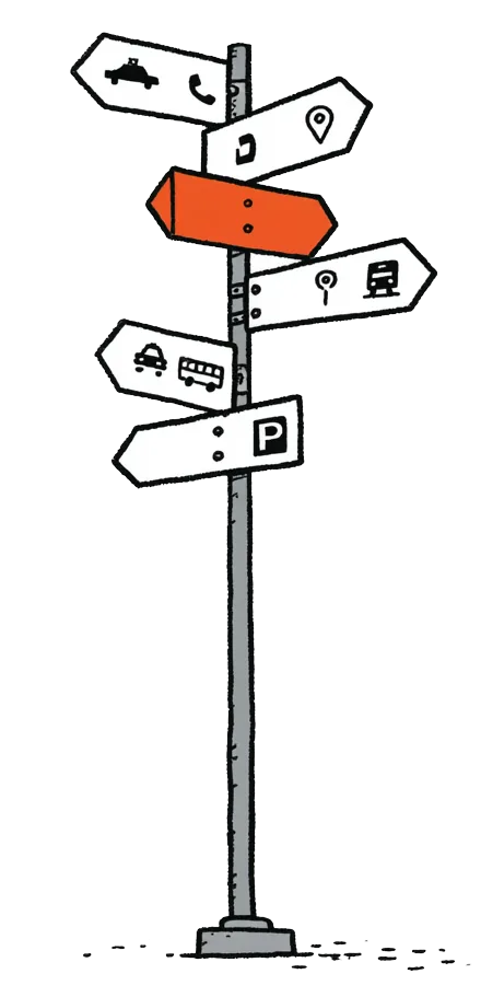 A crooked signpost stacked with arrows pointing every direction — taxi, train, bus, app-cab, parking.