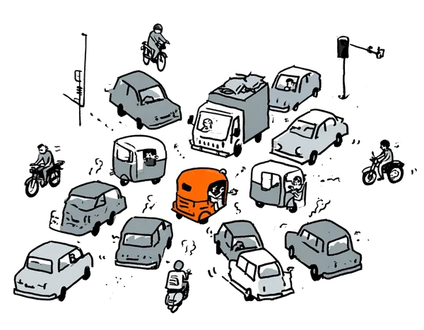 A bird’s-eye view of a hopelessly gridlocked four-way intersection, vehicles tangled at every angle.
