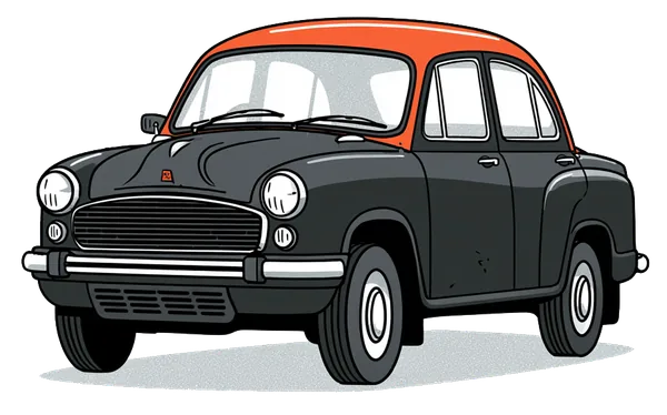 A classic rounded Ambassador taxi, black-and-yellow, slightly dented and full of character.