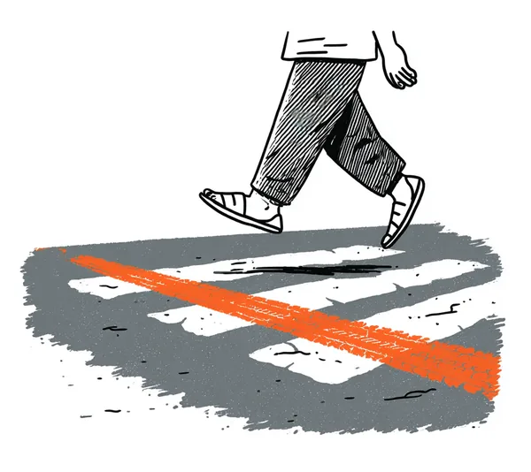 A single foot stepping onto a faded zebra crossing, a motorbike tyre-track cutting across it.