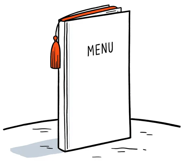 A standing restaurant menu propped open.
