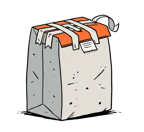 A battered takeaway parcel wrapped in too much tape, slightly leaking.