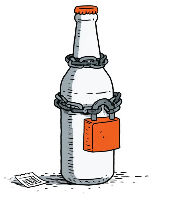 A beer bottle wrapped in a padlocked chain, with a torn calendar page at its base — a dry day.