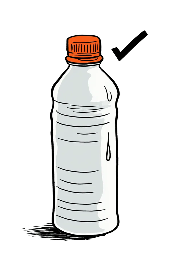An upright sealed water bottle with a bold checkmark beside the cap.