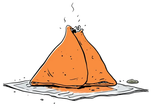 A single freshly fried samosa on a square of oil-stained newspaper, steam rising.