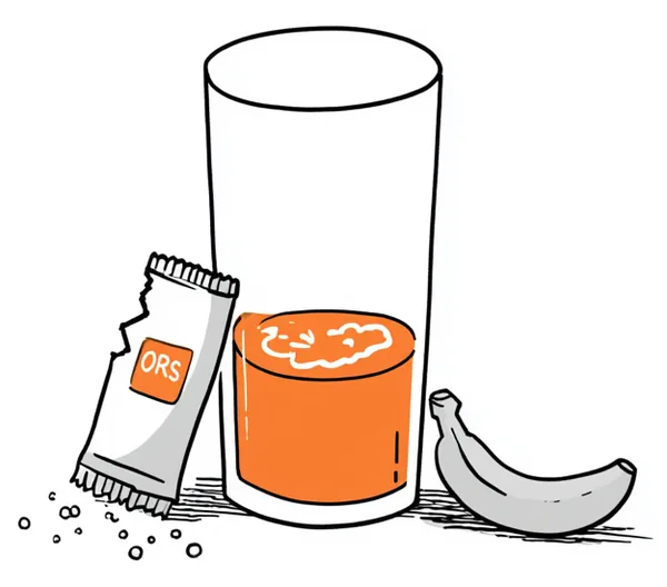 A torn ORS sachet dissolving into a glass of water, a banana lying beside it.