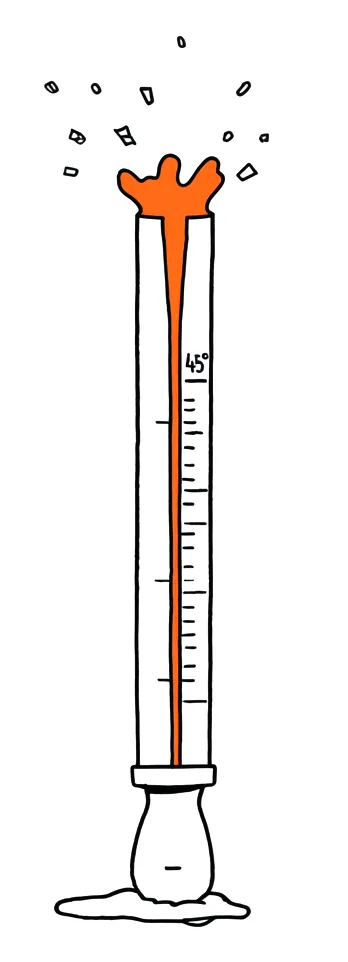 An old mercury thermometer bursting at the top from extreme heat.