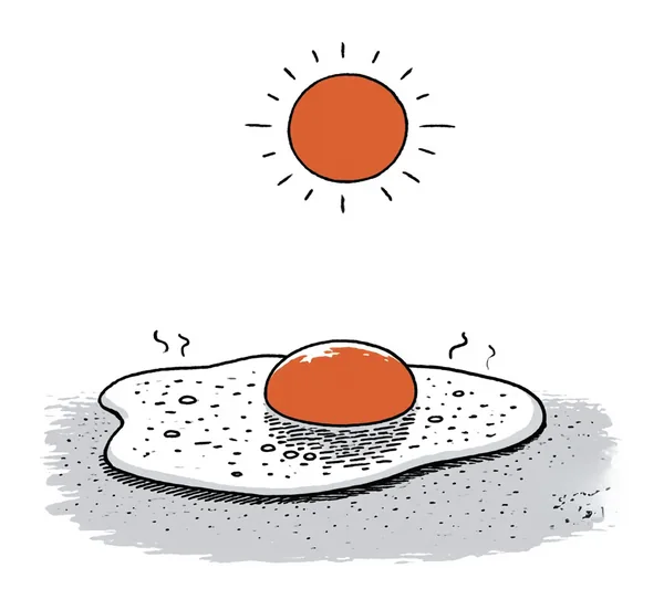 A fried egg sizzling on bare pavement beneath a blazing sun, the yolk and sun almost indistinguishable.