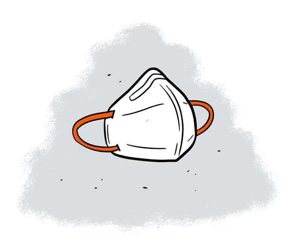 A white N95 mask floating against a hazy grey smog-filled background.