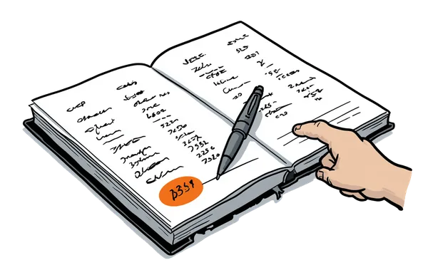 An open donation register with fake handwritten entries, a pen waiting on a blank line.