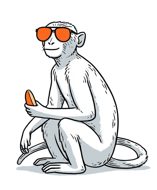 A smug rhesus monkey wearing stolen sunglasses, clutching a phone and a half-eaten banana.