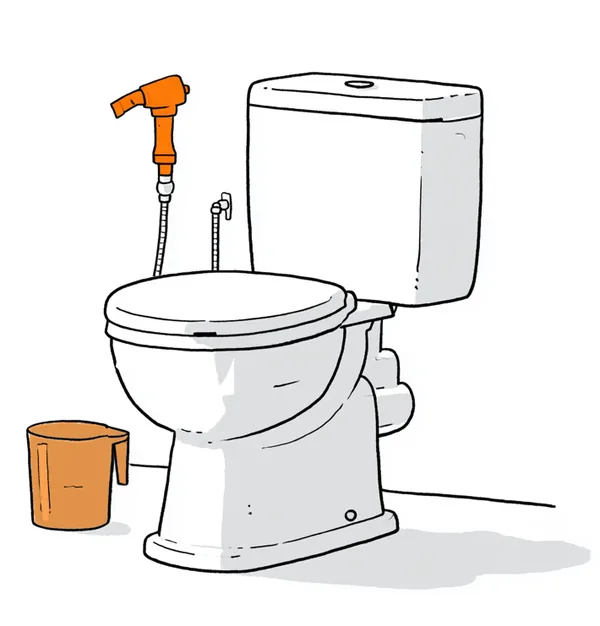 A floor-set Indian squat toilet with a wall-mounted bidet spray and a plastic water mug, no paper in sight.