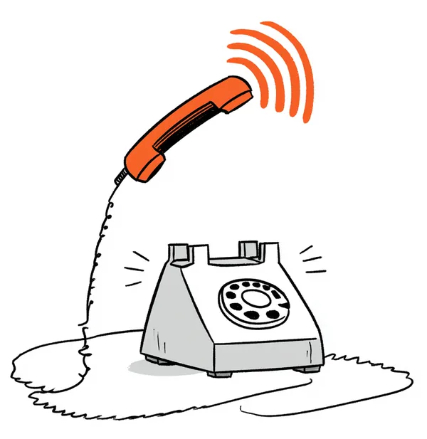 A classic rotary phone ringing off the hook, sound waves emanating from the receiver.