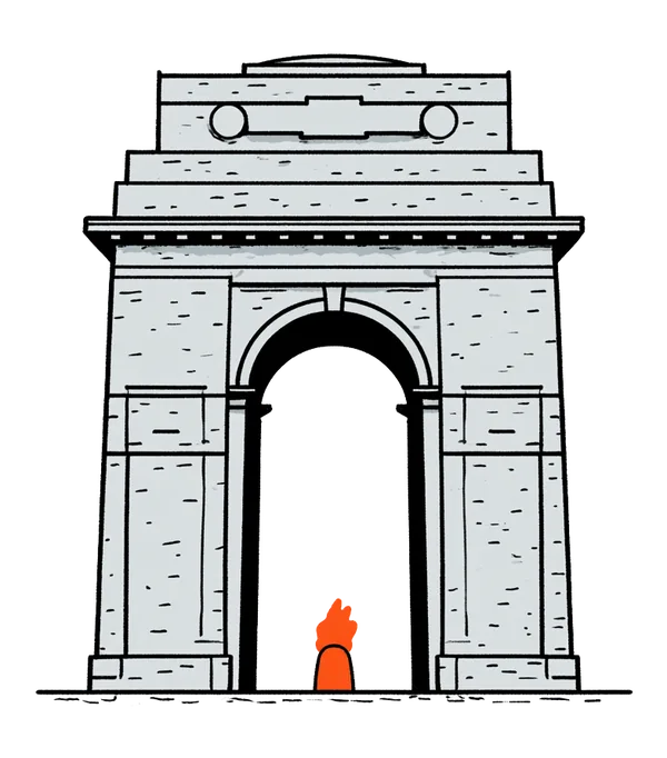 India Gate, the great arch standing alone, the eternal flame glowing beneath.