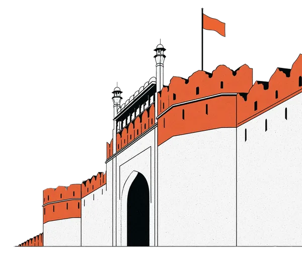 The Lahore Gate of the Red Fort, massive sandstone walls with the flag flying above.