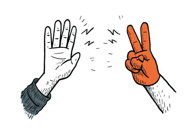 Two hands mid-negotiation — five fingers held up against a counter-offer of two.