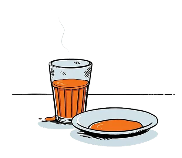 A small cutting-chai glass with tea poured out into its saucer.