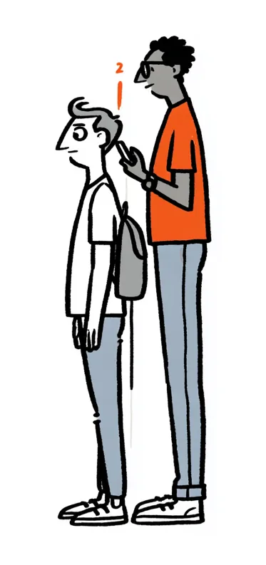 Two people in a queue, the one behind standing far too close, the one in front visibly uncomfortable.