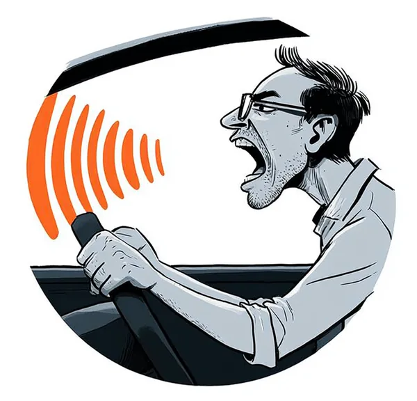 An irate man yelling as he pounds his car horn while driving.