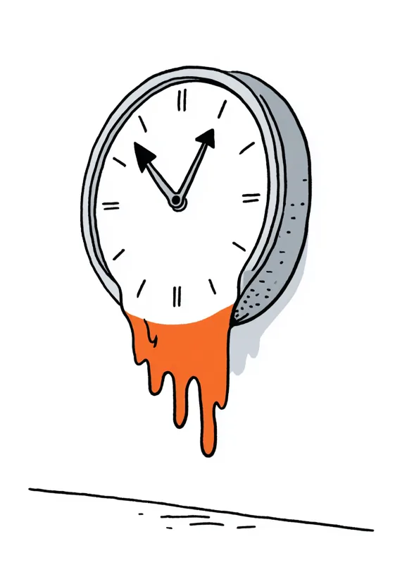A wall clock melting and drooping like a Dali painting, the hands sagging.