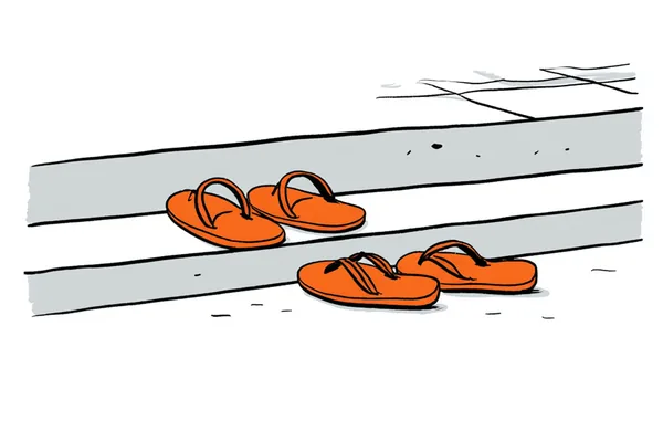 A pair of leather sandals left at a threshold, one neat, one kicked off askew.