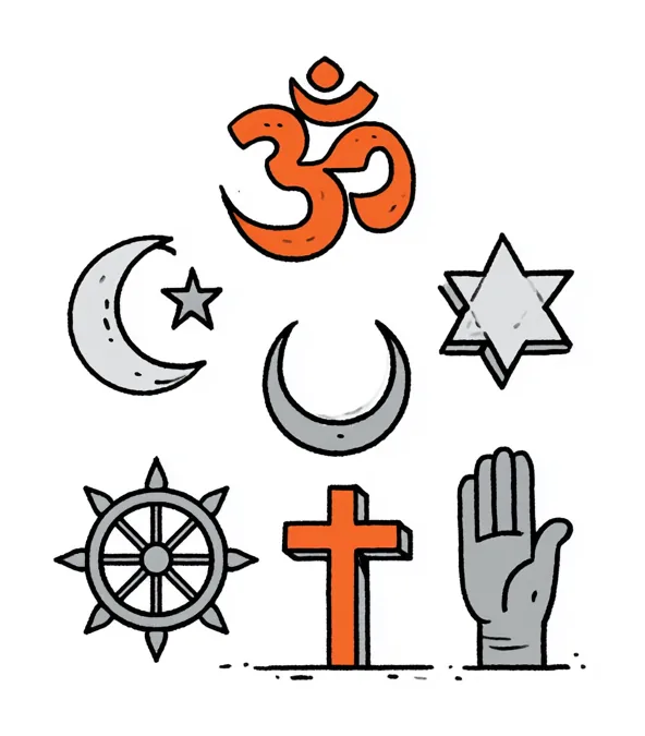 A cluster of religious symbols — Om, crescent and star, Khanda, cross, dharma wheel — grouped together.