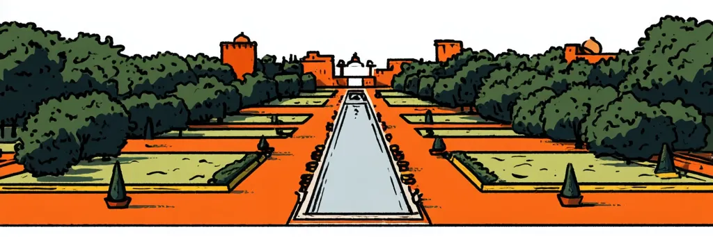 An illustrated panorama of Sunder Nursery’s garden axis — a water channel leading to a Mughal pavilion between formal lawns.