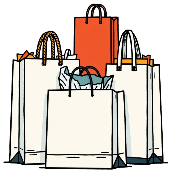 A cluster of paper shopping bags in orange and cream, one spilling patterned fabric.