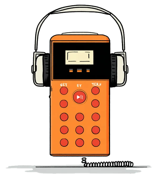 A museum audio-guide handset with headphones resting on it.