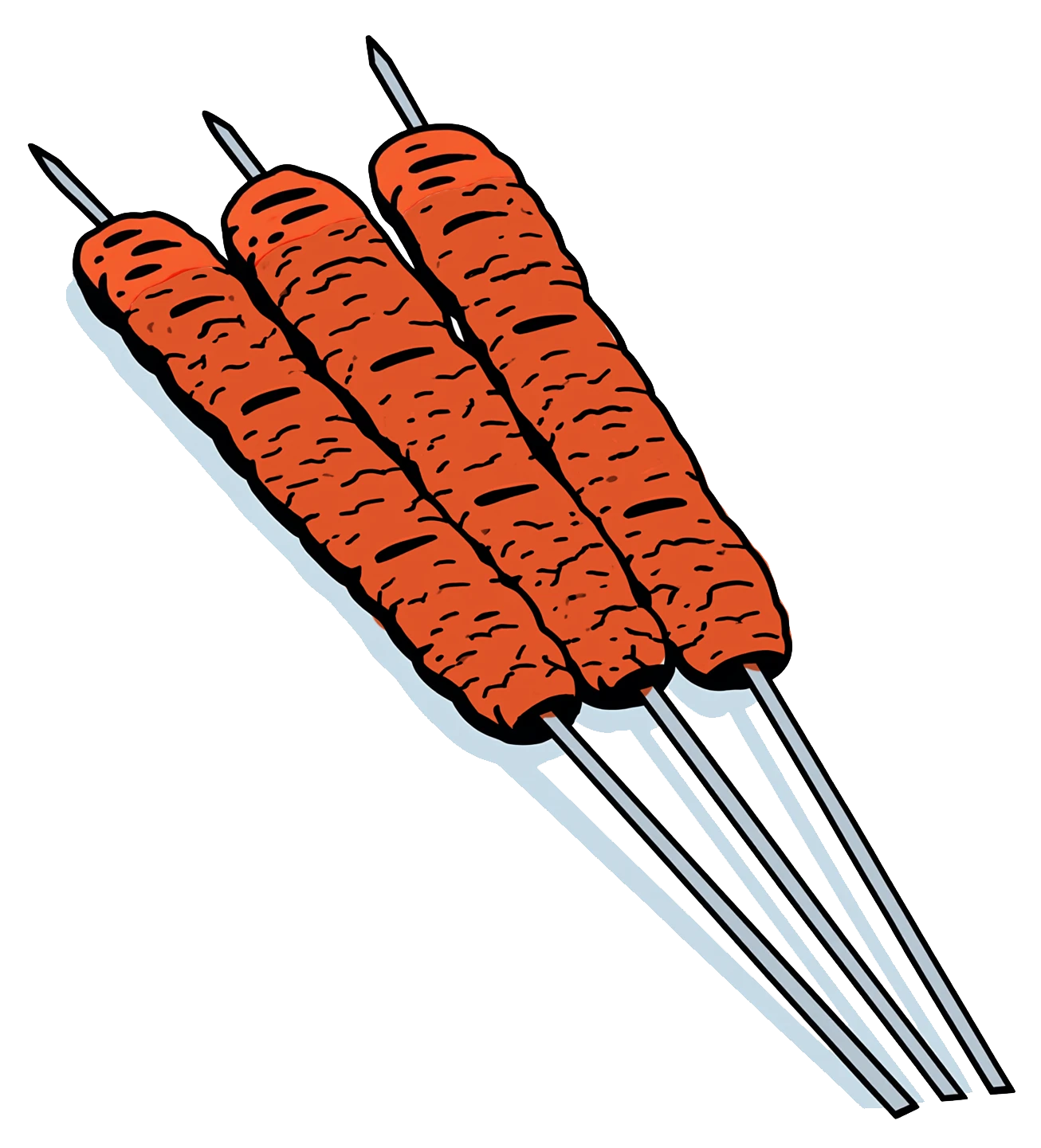 Three seekh kebabs on metal skewers.