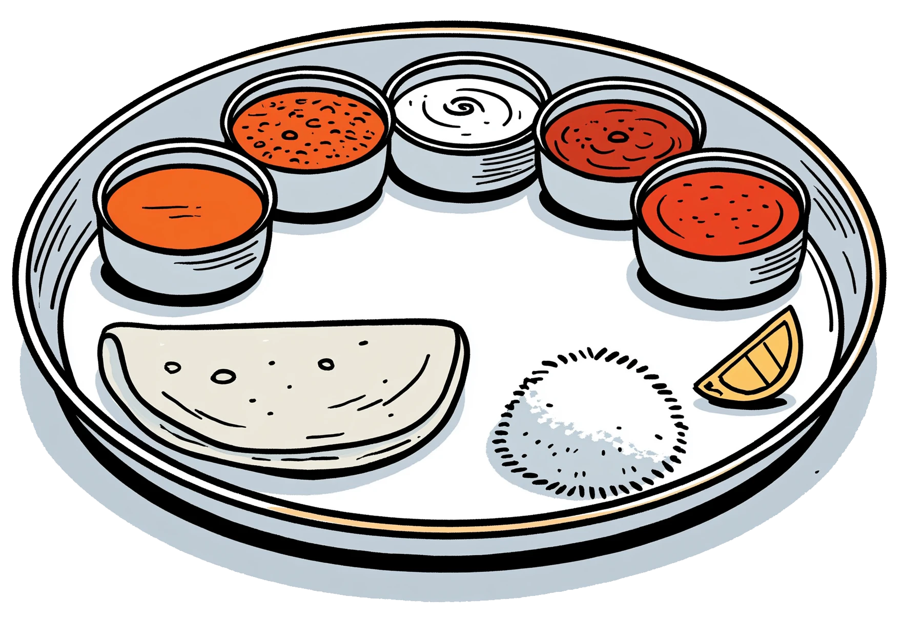A round steel thali with katoris of curries and chutneys, roti, rice and a lemon wedge.