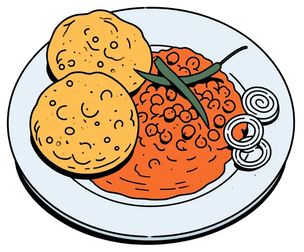 A plate of chole bhature — two puffed bhature beside spiced chickpeas with a green chilli and onion rings.