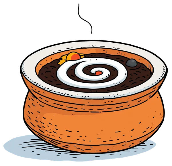 A clay pot of dal Bukhara — slow-cooked black lentils swirled with cream.