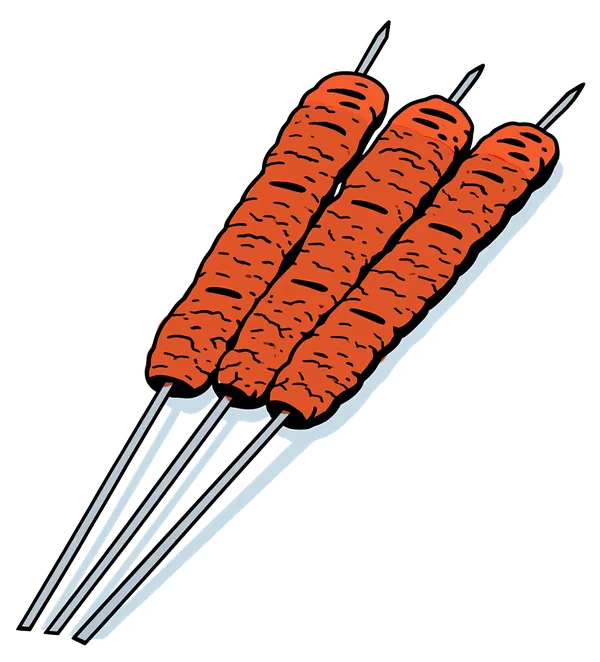 Three seekh kebabs on metal skewers.