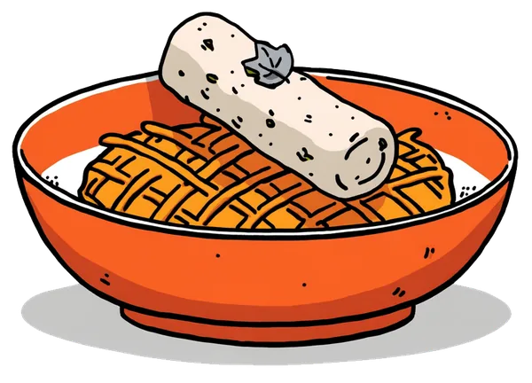 A modern plated dish — a galouti-style roll resting on a nest of crisp fried strands in an orange bowl.