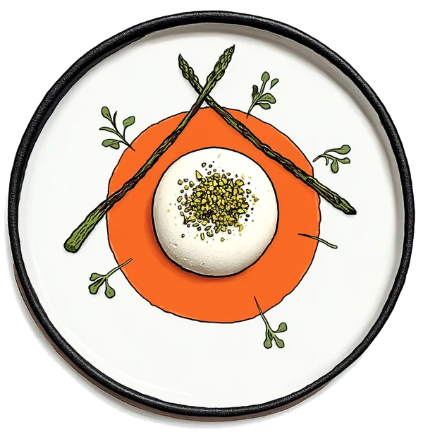 A fine-dining plate — a dome of mousse dusted with pistachio, asparagus spears crossed over an orange swirl.