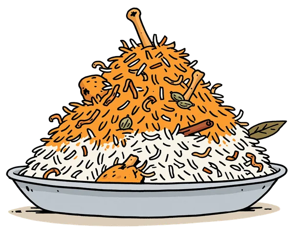 A heaped platter of biryani — saffron rice piled high with fried onions and a cinnamon stick.