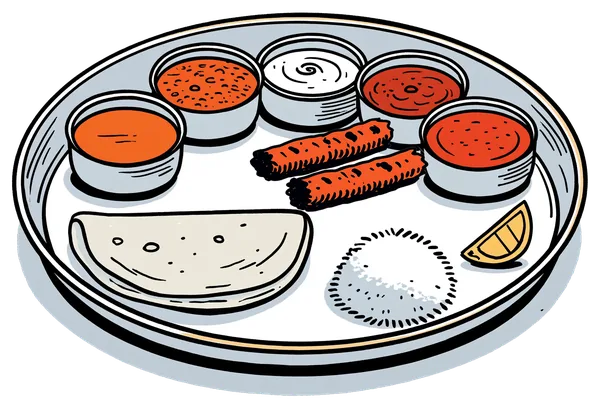 A steel thali ringed with katoris of curries and chutneys, fried snacks, rice, roti and a lemon wedge.