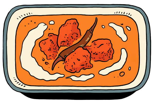A serving dish of butter chicken with a dried red chilli, cream swirled around the edge.